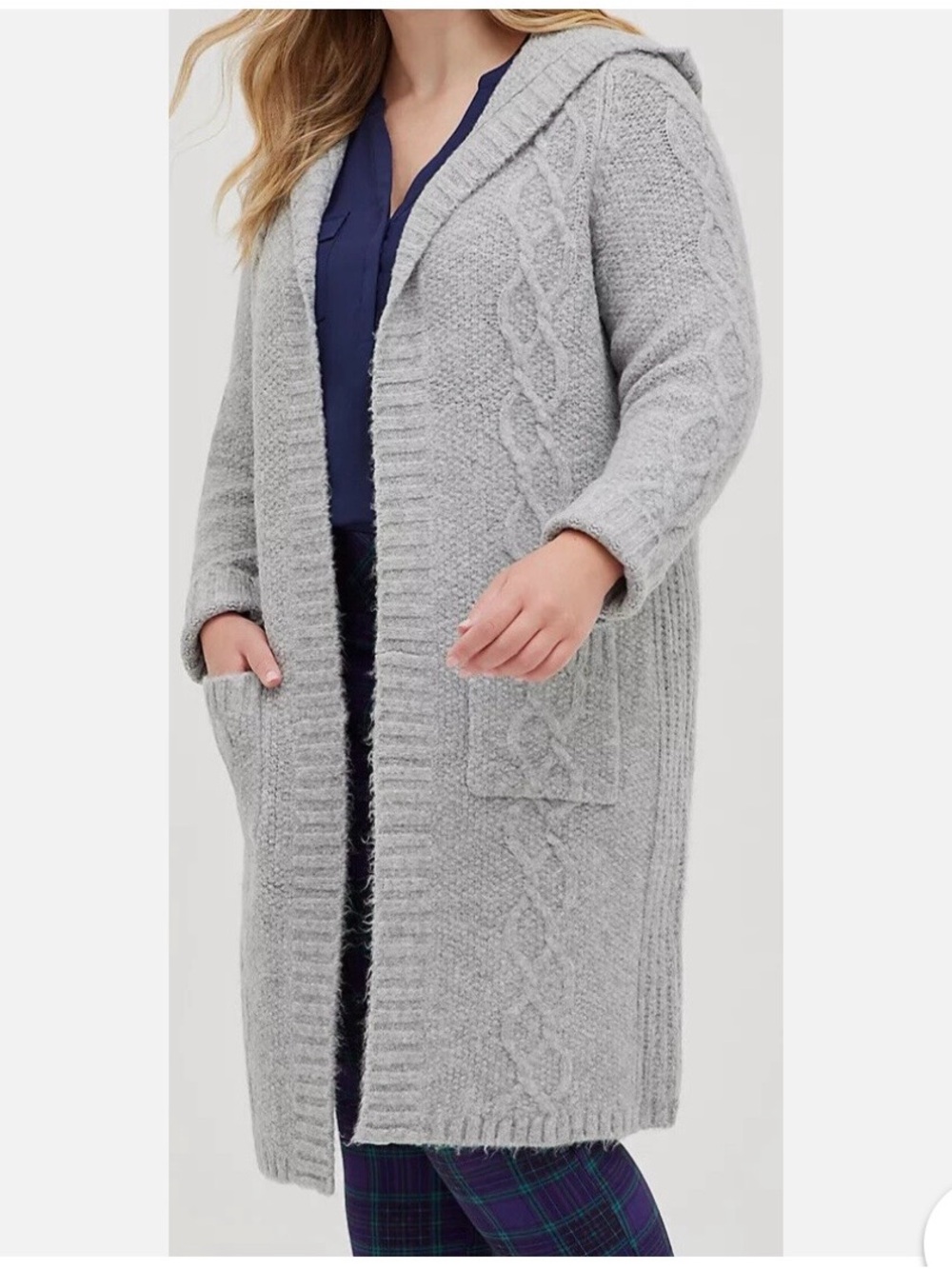 torrid EUC Light Gray Hooded Cable Knit Long “Coatigan”